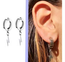 Par Brinco Pressão Argola Raio Prata Aço Inox Maciço Unissex
