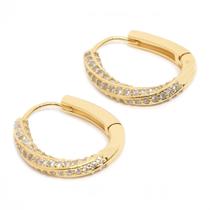 Par Brincos Argola Oval Com Zircônias Cravejada Banhada Ouro 18K