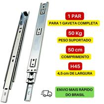 Par Corrediça Trilho Gaveta Reforçada Telescópica p/ 50kg 50cm 500mm H45