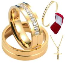 par de aliança banhada a ouro 18k com anel solitario casamento noivado - vnox