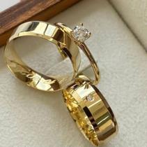 Par de Aliança Casamento Chanfrada 6MM Pedra Banhada a Ouro 18k/GARANTIA 6MESES