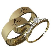 Par de Aliança em Ouro 18k Casamento/Noivado 6mm Escrito Fé Par de Aliança em Ouro 18k Casamento/Noivado 6mm Escrito Fé