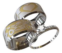 Par De Aliança Prata Com Desenho Moto E Coração + Solitário