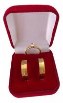 Par De Alianças 8mm 2 Listras Lisa + Anel Solitário Banhado