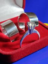 Par de Alianças Compromisso Prata 950 Largura 8 mm Lisa Anel Solitário Pedra de 4 mm