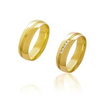 Par de Alianças de Casamento Afrodite Ouro 18k com Chanfro Diagonal e cravejado 5mm