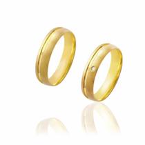 Par de Alianças de Casamento Afrodite Ouro 18k Diamantado com Friso e Brilhante Lateral 4mm 3g