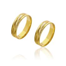 Par de Alianças de Casamento Artemis Ouro 18k Trabalhado Triplo 5mm 5,5g - JoiaUnica