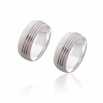 Par de Alianças de Namoro Monet Prata Abaulada Diamantada com 3 Frisos 7 mm 12g