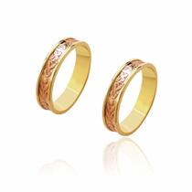 Par de Alianças de Noivado Zeus Ouro Amarelo com Ouro Rosé Central 4,8mm 8,6g