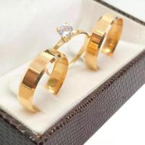 Par de Alianças de Ouro 18k 3mm 3 gramas + Anel Solitário