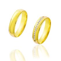 Par de Alianças em Ouro 18K colecao Luna de 9g e 5 mm cravada de Zirconias embutidas