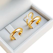 Par De Alianças Tungstênio Solitário 4mm Banhada Ouro 18k Fina Resistente Casamento Noivado Anatômica Abaulada Aparador