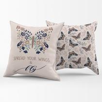 Par de Almofadas Estampadas Cheias Borboleta Azul Marinho e Caqui 45cm x 45cm Enchimento Refil em Silicone