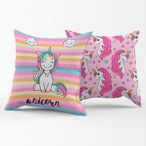 Par de Almofadas Estampadas Cheias Unicórnio Listrado Pink 45cm x 45cm - Enchimento Refil em Silicone