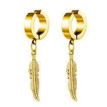 par de Brinco Pressão masculino feminino folheado dourado em aço Inox pena penas peninha bts