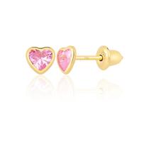 Par De Brincos De Coração Pedra 3mm Ouro 18k 750 Infantil Rosa