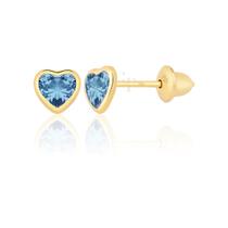 Par De Brincos De Coração Pedra 4mm Ouro 18k 750 Solitário Zircônia Azul