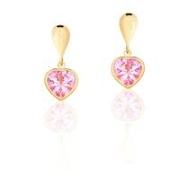 Par De Brincos De Coração Pedra 6mm Ouro 18k 750 Pingente Rosa