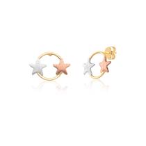 Par De Brincos Três Cores De Estrelinhas Em Ouro 10k Ab30 Par De Brincos Três Cores De Estrelinhas Em Ouro 10k Ab30