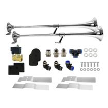 Par De Buzinas 1 Corneta Marítima Caminhão 12V 1 Metro Com Kit Conexões Suporte e Válvula 1/2