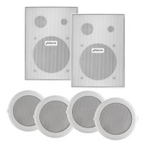 Par de Caixa de Som Acústica Passiva PS 200 Frahm - 31649 + 4 Caixa de Som Arandela 25W Coaxial Branca - Frahm 20760