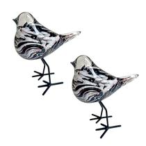 Par de Escultura Pássaro Murano Preto e Branco 16cm - Kit 2 Peças
