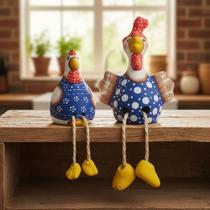 Par De Galinhas Decorativas Em Cerâmica Com Pernas De Corda! Azul Escura Par De Galinhas Decorativas Em Cerâmica Com Pernas De Corda! Azul Escura