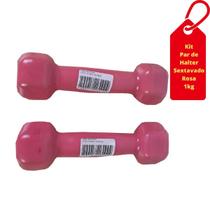 Par de Halter Emborrachado Sextavado de Peso Rosa 1Kg