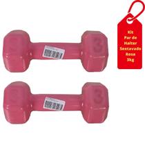 Par de Halter Emborrachado Sextavado de Peso Rosa 3Kgs Par de Halter Emborrachado Sextavado de Peso Rosa 3Kgs