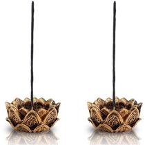 Par De Incensário E Castiçal Flor Lotus Em Resina Dourado