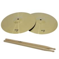 Par de Pratos de Bateria Chimbal 14" + Baqueta 5A Hickory New York Par de Pratos de Bateria Chimbal 14" + Baqueta 5A Hickory New York