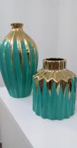Par de Vasos Cerâmica Verde e Dourado Esmaltado