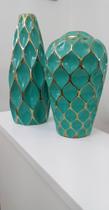 Par de Vasos em Cerâmica Esmaltada Verde e Ouro