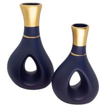 Par de Vasos Furados em Cerâmica Fosca de Sala Decor - Azul Petróleo Gold
