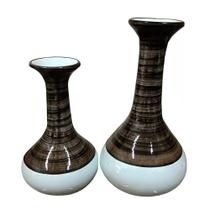 Par de Vasos Long Pipe em Cerâmica de Sala Decor - Branco e Marrom