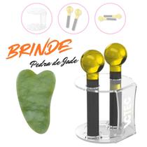 Par Esfera De Cromoterapia Facial Amarela Com Suporte E Brinde Pedra Jade Guasha