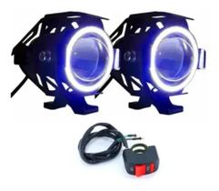 Par Faróis Milha Led Moto Universal Alumínio U7 Angel Eyes com botão LUZ AZUL