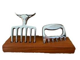 Par Garra Urso + Garfo 6 Dentes Para Churrasqueira + Madeira