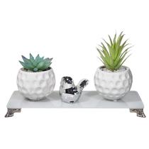 Par Kit Vasinhos Cerâmica C/ Suculentas e Bandeja De Vidro Par Kit Vasinhos Cerâmica C/ Suculentas e Bandeja De Vidro