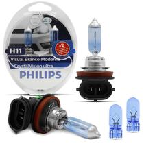 Par Lâmpada Philips Super Branca H11 Crystal Vision 4300K 55W + 2 Lâmpadas Pingo Efeito Xenon