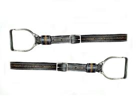 Par loros couro preto com estribo aço carbono