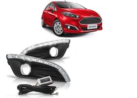 Par Moldura LED DRL Com Friso Aro Cromado Fiesta 2013 a 2017