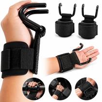 Par Straps Pulso Gancho Aço Treino Musculação Academia Grip Pegada - Preto