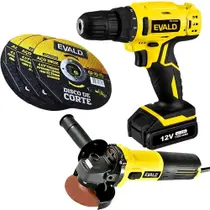 Parafusadeira e Furadeira 12V Bivolt + Esmerilhadeira Angular e 3 Discos de Corte 4.1/2 POL EVALD