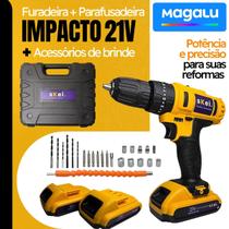 Parafusadeira e Furadeira 21V Com Função Impacto Duas Baterias De brinde e Maleta com Acessorios, mais de 20 acessorios