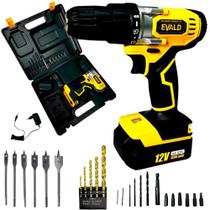 Parafusadeira e Furadeira à Bateria 12V Bivolt PFE-12EV com Maleta e Kit 24 Acessórios EVALD
