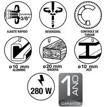 Parafusadeira/Furadeira 280 W 3/8" 220 V Tramontina para Uso Profissional com Velocidade Variável e Parafusadeira/Furadeira 280 W 3/8" 220 V Tramontina para Uso Profissional com Velocidade Variável e
