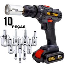 Parafusadeira Furadeira Bateria Recarregavel 12v Super Tork Brinde Kit Serra Copo Diamantada 6 a 50 mm Snel Ferramentas