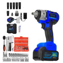 Parafusadeira Furadeira de Impacto Pneumática com 2 Baterias de Lítio 48V Potente Resistente Ergonômica com Jogo Soquete 46 Peças